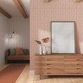 Japandi living room in white and orange tones. Wooden chest of drawers with frame mockup. Parquet and wallpaper. Modern interior Royalty Free Stock Photo