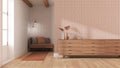 Japandi living room in white and orange tones. Wooden chest of drawers with wall mockup. Parquet and wallpaper. Modern interior Royalty Free Stock Photo