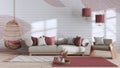 Japandi living room in white and red tones with copy space. Sofa and hanging armchair. Wabi sabi interior design Royalty Free Stock Photo