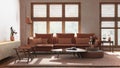 Japandi minimalist living room in orange and beige tones. Fabric sofa, wooden furniture and parquet floor. Modern interior design Royalty Free Stock Photo