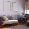 Japandi minimalist living room in white and purple tones with frame mockup. Sofa, wallpaper and rattan furniture. Farmhouse Royalty Free Stock Photo