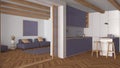 Japandi modern kitchen and living room in wooden and purple tones. Cabinets and island, sofa and carpets, paper sliding door and