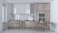 Japandi trendy wooden kitchen and dining room in white and bleached tones. Wooden cabinets, table and marble top. Minimalist