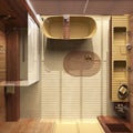 Japandi wooden bathroom in yellow and beige tones. Bathtub, shower and washbasin with mirror. Marble tiles floor. Top view, plan, Royalty Free Stock Photo