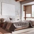 Japandi wooden bedroom with bathtub in white and beige tones. Double bed, freestanding bathtub, parquet and wallpaper. Modern