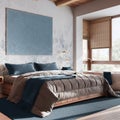 Japandi wooden bedroom with bathtub in white and blue tones. Double bed, freestanding bathtub, parquet and wallpaper. Modern