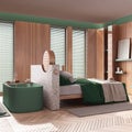 Japandi wooden bedroom with bathtub in white and green tones. Double bed, freestanding bathtub, parquet floor. Modern interior