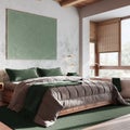 Japandi wooden bedroom with bathtub in white and green tones. Double bed, freestanding bathtub, parquet and wallpaper. Modern
