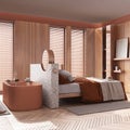 Japandi wooden bedroom with bathtub in white and orange tones. Double bed, freestanding bathtub, parquet floor. Modern interior