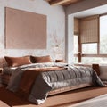 Japandi wooden bedroom with bathtub in white and orange tones. Double bed, freestanding bathtub, parquet and wallpaper. Modern
