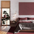 Japandi wooden bedroom with bathtub in white and red tones, close up. Master bed, parquet, windows and wallpaper. Contemporary Royalty Free Stock Photo