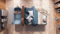 Japandi wooden bedroom with freestanding bathtub in blue and beige tones. Bed with blankets and herringbone parquet. Top view,