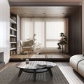 Japandi wooden living room in white and dark tones. Sofa, armchair and decors. Parquet floor and bookshelf. Minimalist modern Royalty Free Stock Photo