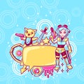 Japanese anime cosplay background. Cute kawaii characters and items