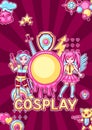Japanese anime cosplay background. Cute kawaii characters and items Royalty Free Stock Photo