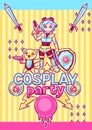 Japanese anime cosplay party invitation. Cute kawaii characters and items Royalty Free Stock Photo