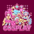 Japanese anime cosplay print. Cute kawaii characters and items