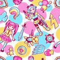 Japanese anime cosplay seamless pattern. Cute kawaii characters and items