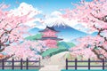 Japanese architecture during cherry blossom season in Japanese manga style