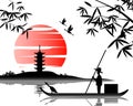 Japanese art with ancient design of fisherman on the boat and the beautiful nature of Japan