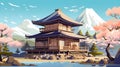 Japanese art illustration of a traditional ancient house. Multicolored design. Generative AI.