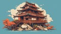 Japanese art illustration of a traditional ancient house. Multicolored design. Generative AI.