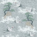 Japanese art inspired seamless pattern with birds and waves