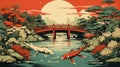 Japanese Art Style Landscape with Tranquil Pond, Koi Fish, Water Lilies, and Traditional Red Bridge by AI generated
