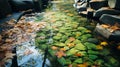 Japanese Autumn Leaves Floating In Pond: A Nature-inspired Uhd Image Royalty Free Stock Photo