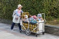 A japanese babysitter - kindergarter teacher carrying four kids on a trolley for a walk.