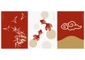 Japanese background with Asian icons and symbol vector. Dragonfly, bamboo, goldfish elements in oriental style