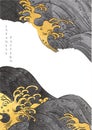 Japanese Background With Gold Texture Vector. Hand Drawn Wave With Black Elements In Vintage Style