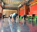 Japanese ballet dancers practice performance in an aciant temple in Japan