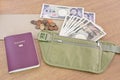 Japanese banknotes with passport in waist bag