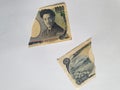 Japanese banknotes of 1000 yen on the broken sheet of paper