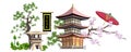 Japanese banner with national objects. Vector set with pagoda, lotus and sakura for travel poster
