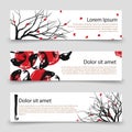 Japanese banner templates. Asian banners with vector sakura and fishes