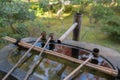 Japanese Basin called tsukubai with Ladles for water in a ritual hand-washing well in Japanese Temple Royalty Free Stock Photo