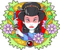 Beautiful geisha with a sword in his hand, cute illustration