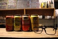 Japanese Beer cans Kirin, Suntory, Yebisu and eyeglasses