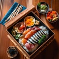 Japanese Bento Box with Sushi and Pickled Vegetables on Bamboo Surface