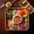 Japanese Bento Box with Sushi and Pickled Vegetables on Bamboo Surface