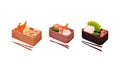 Japanese Bento Box with Traditional Asian Food with Noodles, Rice and Seafood Vector Set