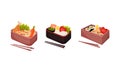 Japanese Bento Box with Traditional Asian Food with Noodles, Rice and Seafood Vector Set