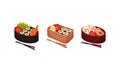 Japanese Bento Box with Traditional Asian Food with Sushi, Rice and Seafood Vector Set