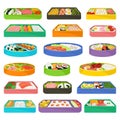 Japanese bento lunch boxes set. Box of rice, meat, fish, vegetables and egg cartoon vector