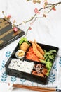 Japanese Bento Set with Shrimp Tempura, Boiled Egg, Nugget, Teriyaki Sausage, and Edamame Royalty Free Stock Photo