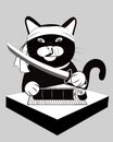 Japanese black cat cutting rolled sushi with Katana. Vector samurai cat with katana for design