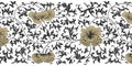 Japanese black, gold and white vector background. Peony flower oriental pattern. Asian antique floral border for printing on