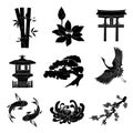 Japanese black icons cutted on white. Set of black and white illustrations of silhouettes of national symbol